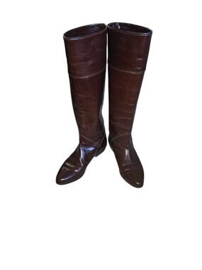 Womens Size 7 Knee High Dark Brown Leather Boots Italy Pointed Toe Flat Heel